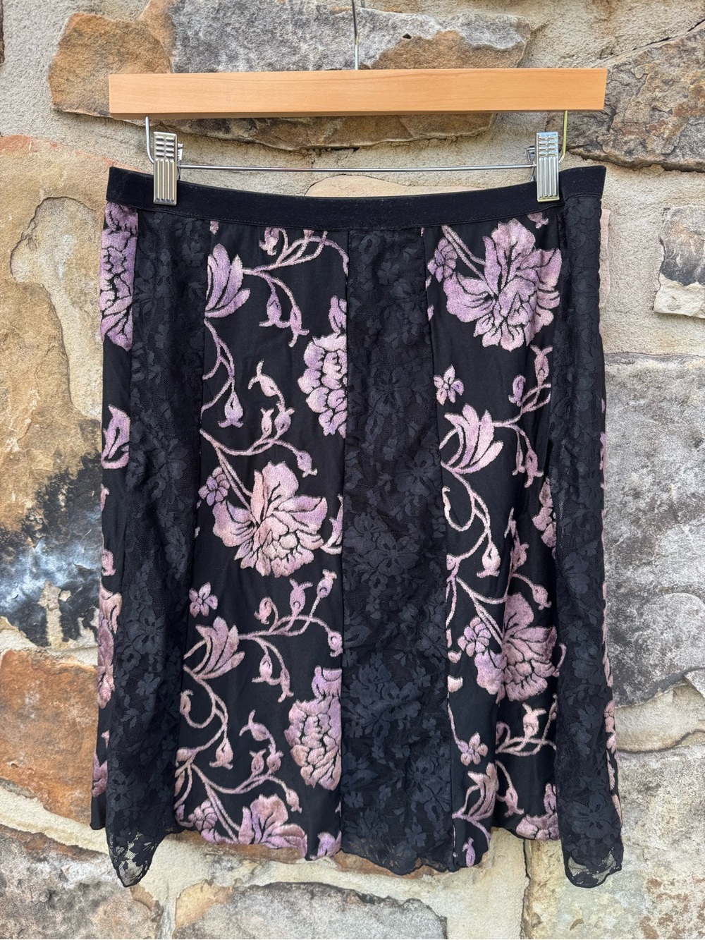 Fairycore Black A-Line Skirt w Floral Crushed Velvet and Lace Small Whimsigoth